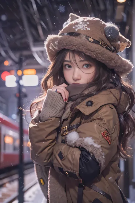 1 female、Early 20s、(A beautiful woman with a strong will)、(super beautiful face)、(detailed face)、wearing makeup、Wavy brown hair、christmas snowy night、Standing on the platform of a metropolitan station、The background is a stopped train、shallow depth of fiel...