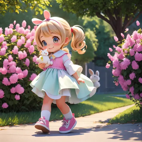 (photorealistic:1.37)、octane rendering、Morning park、Walk with a rabbit doll、Girl has twin tail hairstyle and smiles、Bright colors、soft sunlight、beautiful flower、green grass、playful atmosphere、peaceful environment、detailed texture、Bright colors、cute shoes w...