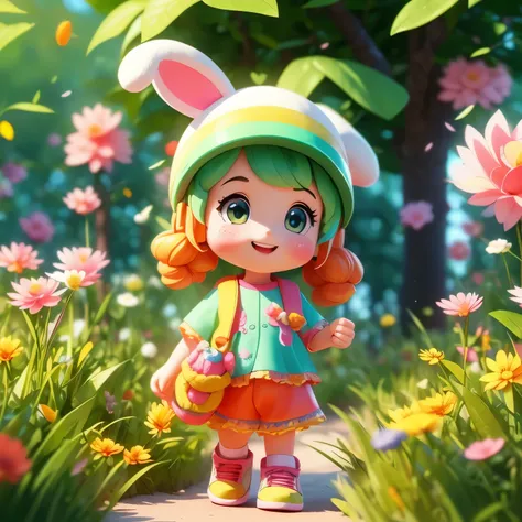 (photorealistic:1.37)、octane rendering、Morning park、Walk with a rabbit doll、Girl has twin tail hairstyle and smiles、Bright colors、soft sunlight、beautiful flower、green grass、playful atmosphere、peaceful environment、detailed texture、Bright colors、cute shoes w...