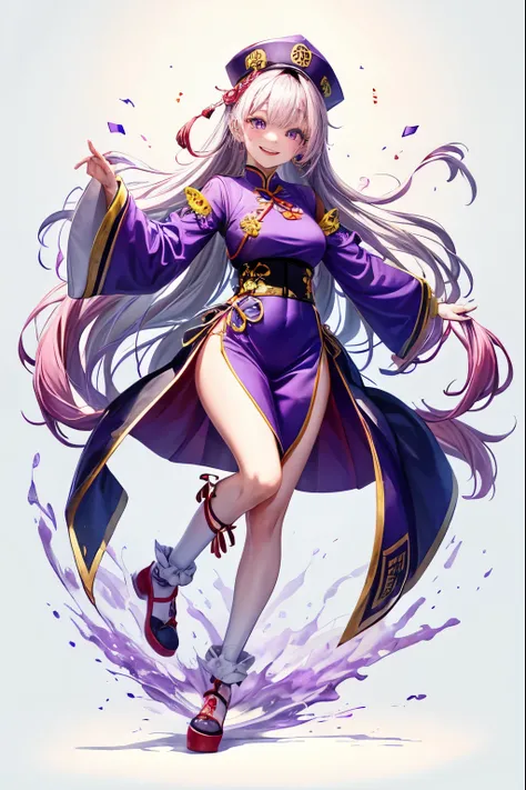 A jiangshi girl dances with a smile and a spin. She has pink skin and purple eyes. She wears a purple and white qipao with a flower on her hair. She has long hair that swirls around her. She is inside a white lighting box with a purple background.((fullbod...