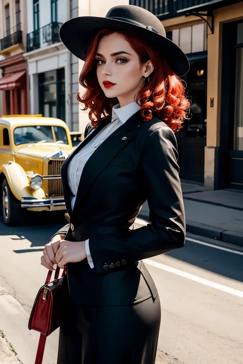 obra de arte, pale skin, Red lips, olhos claros, sombra, Front photo of a beautiful red-haired woman with medium curly hair standing on the street holding a Thompson drum M1928A1, Behind her, um Cadillac Town Sedan de 1928 deixou verde, She wears a mafia s...