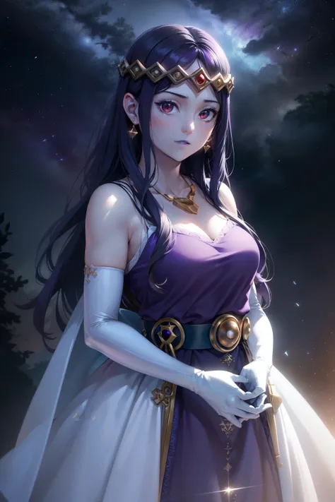 hilda,purple hair,purple lips,tiara,red eyes,purple dress,jewellery,necklace,long white satin elbow gloves,full body,night sky background,(best quality,4k,8k,highres,masterpiece:1.2),ultra-detailed,(realistic,photorealistic,photo-realistic:1.37),HDR,UHD,st...