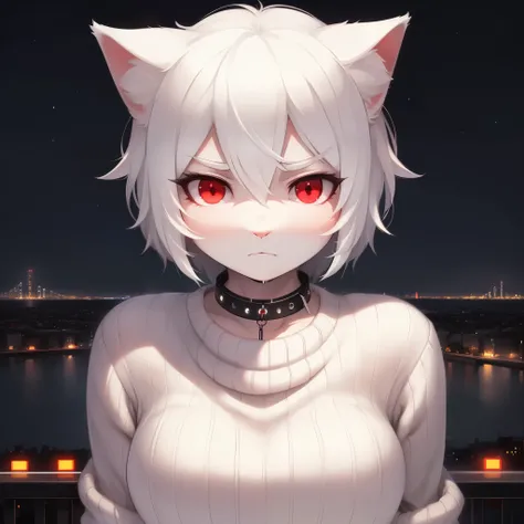 (best quality:1.1), (masterpiece:1.2), (solo), (upper body), looking at viewer, ((white fur)), white messy hair, red eyes, ((cat girl)), ((white sweater, pet collar)), ((serious expression)), (((night city background)))