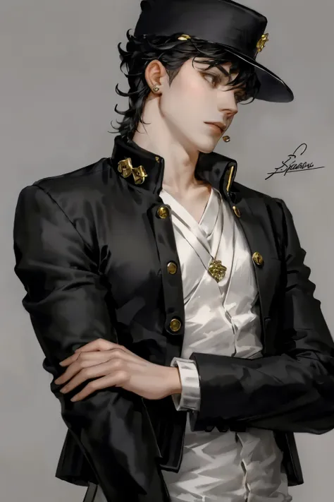 solo, black hair, 1boy, hat, jewelry, school uniform, upper body, male focus, earrings, artist name, profile, chain, gakuran, stud earrings
 