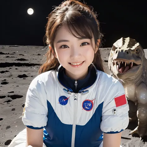 (china Girl and dinosaurs on the moon:1.5) ,(landing on the moon:1.2),(dinosaurs:1.2),original photography,(ultimate beauty portrait、sparkling skin、Smile、bright expression、brown hair、Big eyes sparkling like gems、Harajuku、24 year old beautiful girl),space s...