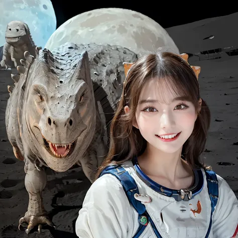 (china Girl and dinosaur on the moon:1.5) ,(moon landing:1.2),(dinosaur:1.2),Raw photography,(Ultimate Beauty Portrait、glistning skin、Smile、bright expression、brown haired、Big eyes that shine like jewels、Harajuku、24 year old beautiful girl),Chinese astronau...