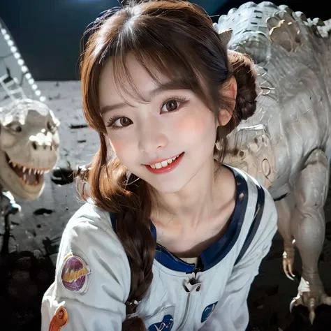 (china Girl and dinosaur on the moon:1.5) ,(moon landing:1.2),(dinosaur:1.2),Raw photography,(Ultimate Beauty Portrait、glistning skin、Smile、bright expression、brown haired、Big eyes that shine like jewels、Harajuku、24 year old beautiful girl),Chinese astronau...