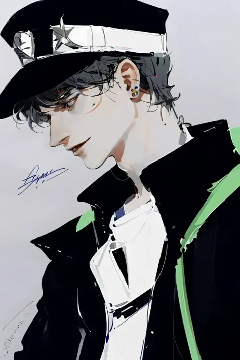 solo, black hair, 1boy, hat, jewelry, school uniform, upper body, male focus, earrings, artist name, profile, chain, gakuran, stud earrings
 