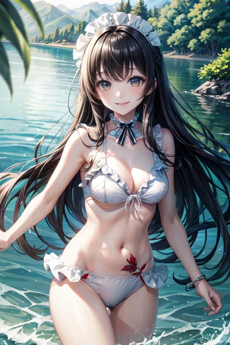 highest quality、cinematic lighting、Entering the lake、slender line、white frilled bikini、smile、black hair、