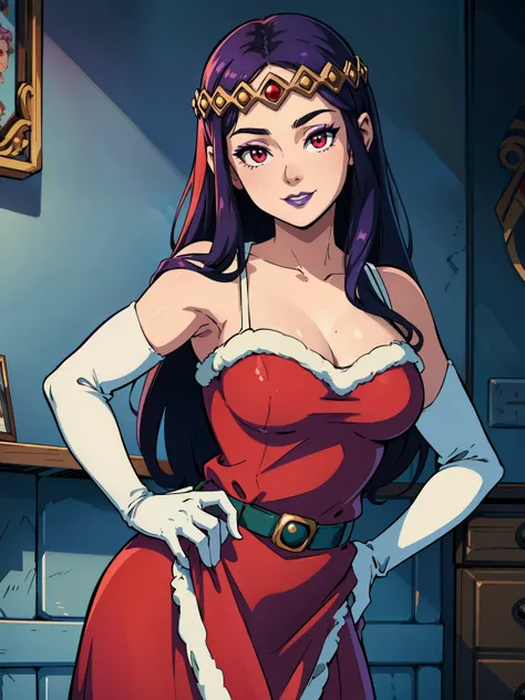 1girl, solo, masterpiece, best quality, high res, highly detailed, (illustration), beautiful detailed eyes, hilda ,purple hair ,purple lips, tiara, red eyes ,lipstick, eye shadow, heavy makeup, warm smile, long white satin elbow gloves ,cowboy shot, (santa...