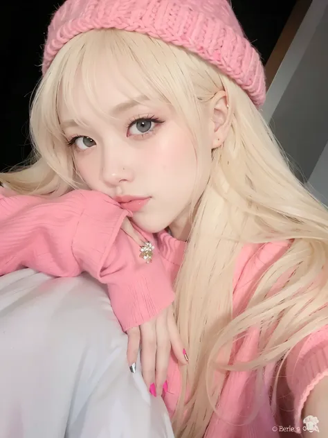 blonde girl with long hair wearing a pink hat and a pink sweater, ulzzang, lalisa manobal, pelo largo y blanco y flequillo, con ...