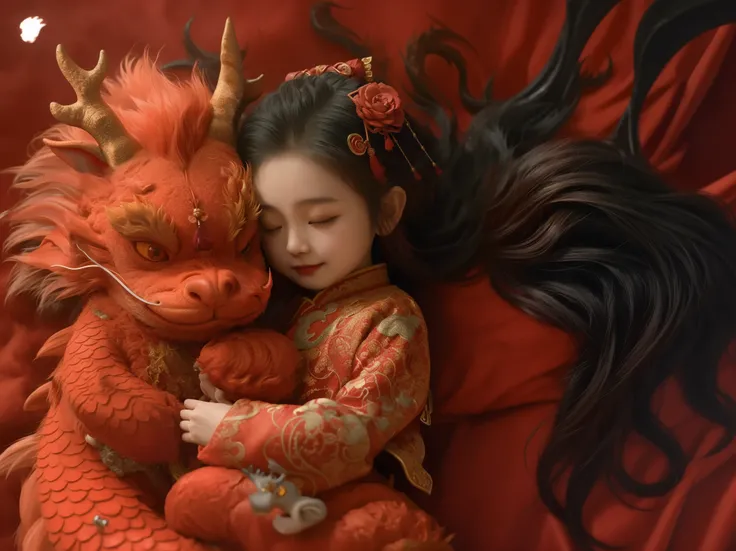 there is a girl hugging a dragon with a red background, the dragon girl portrait, by Li Fangying, in a red dream world, by Qiu Ying, by Yu Zhiding, chinese fantasy, adorable digital painting, dragon girl, by Li Mei-shu, by Wen Zhenheng, inspired by Chen Yi...