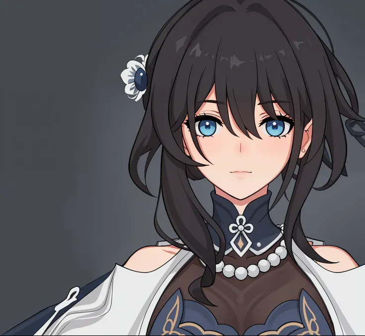 anime girl, wonder, soft expression, soft smile, curious expression, black hair, blue eyes, white pearls, chinese aesthetic, masterpiece, (beautiful and aesthetic:1. 5), thick black lineart, clean lineart, perfect lineart, variable lineart, thick lineart, ...