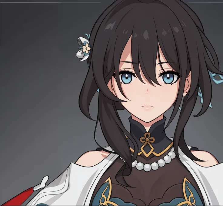 anime girl, wonder, soft expression, sad expression, black hair, turqoise eyes, white pearls, chinese aesthetic, masterpiece, (beautiful and aesthetic:1. 5), thick black lineart, clean lineart, perfect lineart, variable lineart, thick lineart, clean anime ...