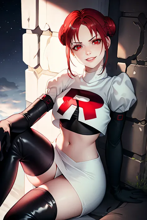 feMonica, hair bun, braid,red eyes ,glossy lips ,team rocket uniform, red letter R, white skirt,white crop top,black thigh-high boots, black elbow gloves, evil smile, sitting down ,legs crossed, night sky background