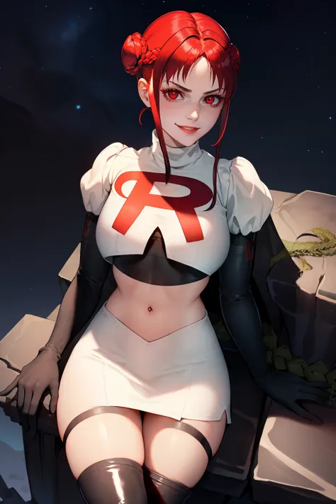 femonica, hair bun, braid,red eyes ,glossy lips ,team rocket uniform, red letter r, white skirt,white crop top,black thigh-high ...