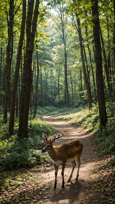 nature painting of a deer in middle of woods
