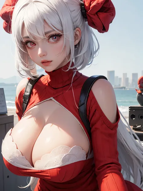 girl, ((huge breasts)), white hair, red sweater, Look at the camera, big eyes, beautiful pupils, upper part of body, abdominal muscles