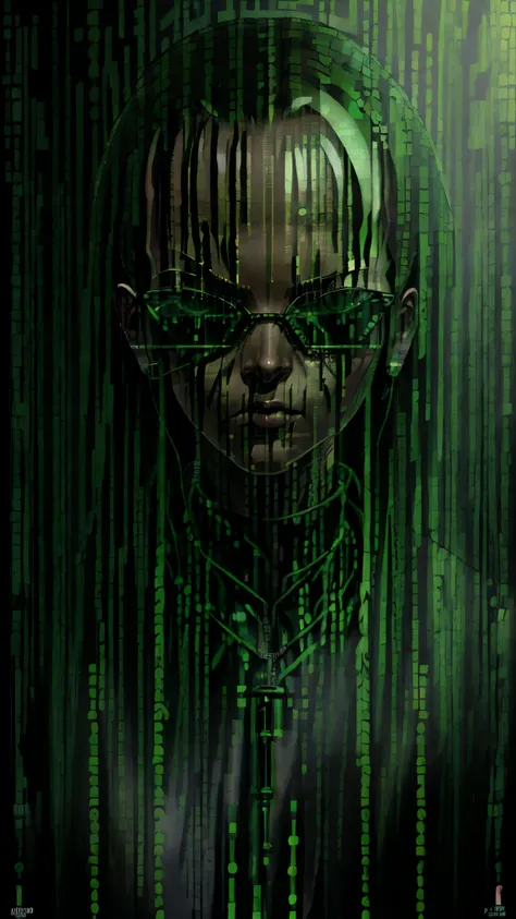 a close up of a green neon frame with a person in it, background of digital greebles, green matrix code, wires from the matrix m...