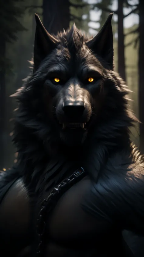 An extremely fucking cool portrait of an adult werewolf, Golden eyes, an extremely cool background with the forest, this disaster has to be very realistic in 3D and in Full HD 240K