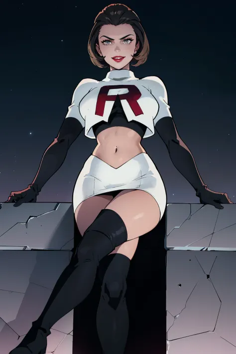 defManuela,glossy lips ,team rocket uniform, red letter R, white skirt,white crop top,black thigh-high boots, black elbow gloves, evil smile, sitting down, looking down on viewer ,legs crossed, night sky background