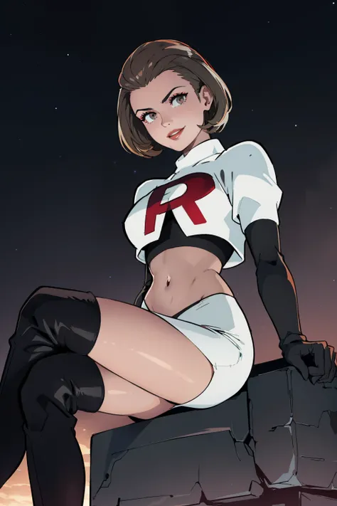 defManuela,glossy lips ,team rocket uniform, red letter R, white skirt,white crop top,black thigh-high boots, black elbow gloves, evil smile, sitting down, looking down on viewer ,legs crossed, night sky background