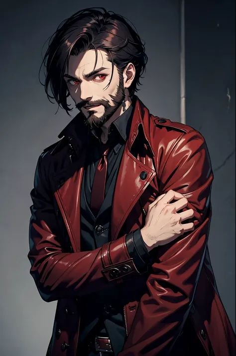 A solo vampire man with short hair, beard, red eyes, wearing a trench coat, staring at the viewer smiling showing his fangs. facing the viewer. horror themed. by him self.