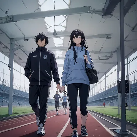 a man together with a woman, in gym clothes running on an athletics track
