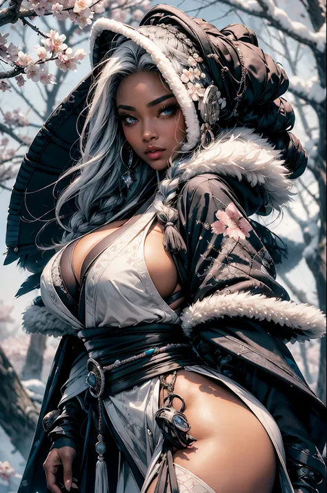 1girl, icestylesamurai, dark skin, very long platinum white hair, vibrant moonlight eyes, long detailed eyelashes, gloves, wide sleeves, , tassel, sash, the most beautiful and highly detailed hooded kimono, fur trim, curvy body type, perfect ass, thick thi...