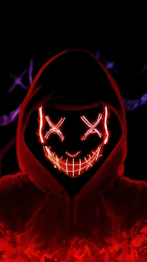 a person in a hoodie with a glowing mask on, evil smile and glowing eyes, in an alleyway during the purge, with red glowing eyes...