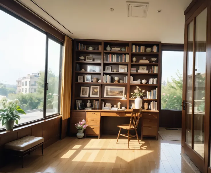 masterpiece, best quality，8k, ultra highres，Reallightandshadow，Step into this bookish and warm study，Feel the rich atmosphere of knowledge permeating the air。Huge floor-to-ceiling windows stand against the railing，Bask in the warm sun，It gives people a bri...