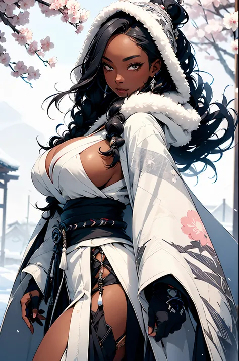 1girl, icestylesamurai, dark skin, very long black hair, vibrant moonlight eyes, long detailed eyelashes, gloves, wide sleeves, , tassel, sash, the most beautiful and highly detailed hooded kimono, fur trim, curvy body type, perfect ass, thick thighs, supe...