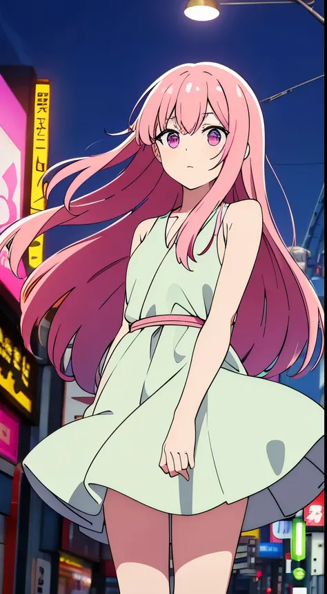 Tokyo, Kabukicho, long hair fluttering in the wind, pink hair, high definition, dress