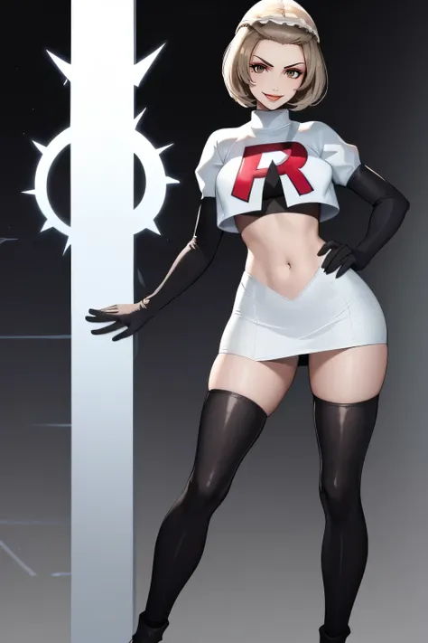 defmanuela,glossy lips ,team rocket uniform, red letter r, white skirt,white crop top,black thigh-high boots, black elbow gloves...