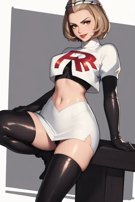 defManuela,glossy lips ,team rocket uniform, red letter R, white skirt,white crop top,black thigh-high boots, black elbow gloves, evil smile, sexy poses