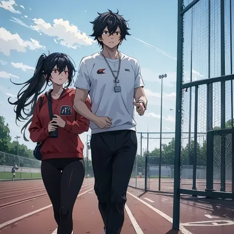 a man together with a woman (eye red) , in gym clothes running on an athletics track
