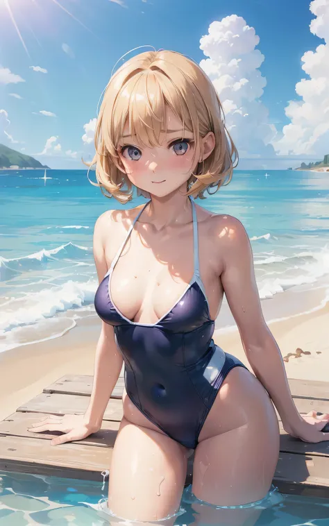 ((old school swimsuit、Sunbathing on the beach:1.3)) 、(partially submerged)、absurderes、detailed hair、Flat Lighting、dramatic angle:1.3、sexy pose、best quality、intricate detailed、Hyperrealistic、perspective, highly detailed, detailed background, illustration、1 ...