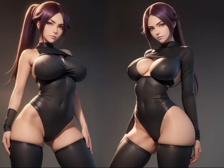 (((shihouin yoruichi ))) ((de bleach))(((one girl frame))(((su ropa ninja)))(((lleva puesto su ropa negra con blanco))) (((enormes tetas)))((lleva puesta su ropa))(((8k))),((cuerpo completo))(((Amazing tits)))caliente, hermosa,((Hornie)), 8k, hiperrealista...