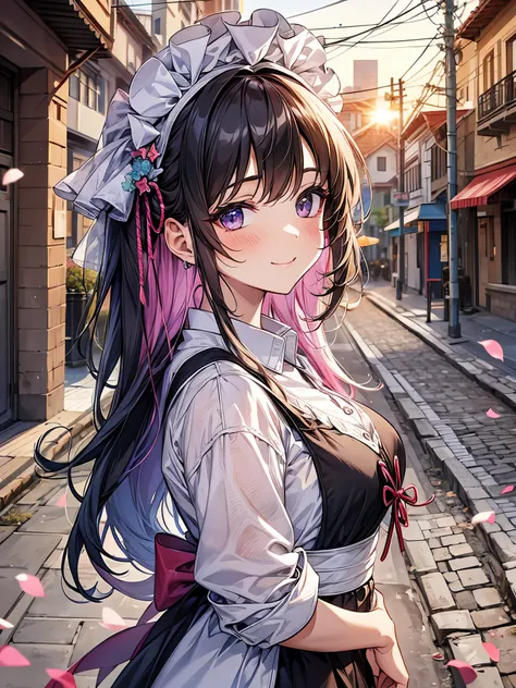 blur the background、A girl wearing a maid costume is smiling cutely in the street.、Sparkly air、dancing petals、dazzling light at sunset、hair、Mesh Color