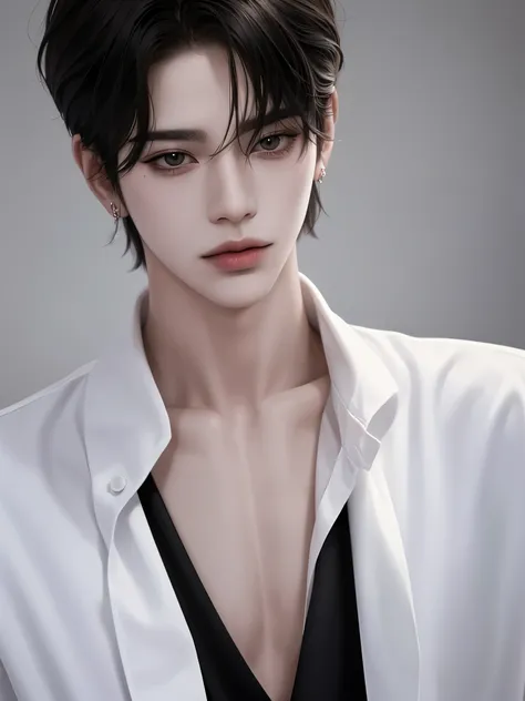 ((1hombre))),((ulzzang)),((pelo despeinado)),elegante,((hombre)),(Fondo blanco),collar,tatuaje,((coreano)),modelo,posando,((Cabello corto)),sensualidad ojos,((top corto))hombre, elegante, chico malo coreano, ultra detallado,hiper detalles,cinematic light, ...