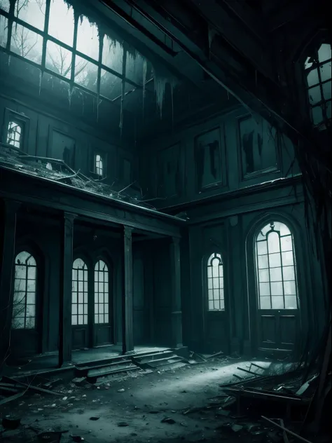 an abandoned, mysterious house in the dark woods, (best quality, highres) with haunting whispers and ghostly apparitions, (horro...