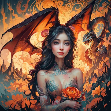 a woman standing on a cliff looking at a dragon with a long tail, dragon queen with beautiful high detail face, high details eyes lips mouth, fantasy art style, official art, unity 8k wallpaper, ultra detailed, beautiful and aesthetic, beautiful, masterpie...