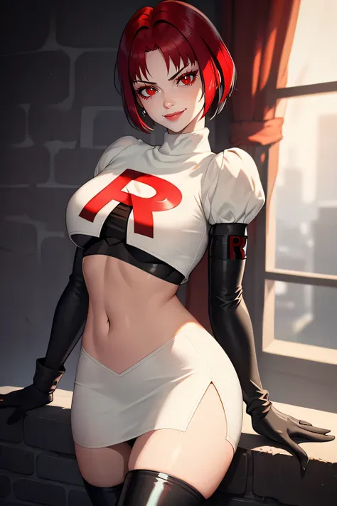 femonica, short hair,red eyes ,glossy lips ,team rocket uniform, red letter r, white skirt,white crop top,black thigh-high boots...