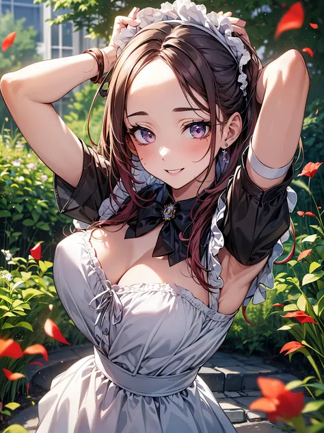 blur the background、one armpit、A girl wearing a maid costume is smiling cutely at me in the garden.、Keeping hair together、colorful hair color、Sparkly air、dancing petals、cool autumn、、Forehead