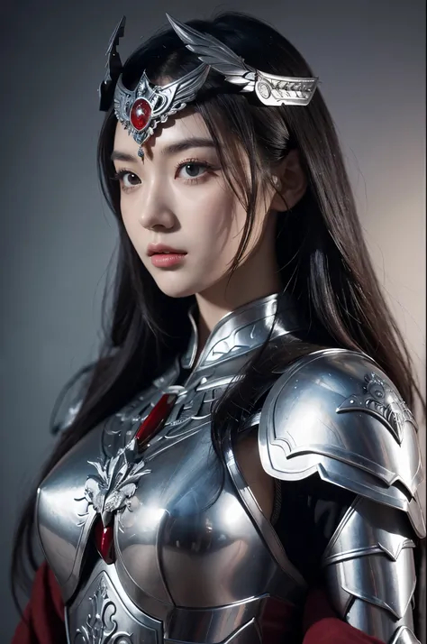 (top-quality,​masterpiece),Close up portrait of woman in silver and red dress posing,Colossal ,美丽的面容,well proportioned face,Bunching up long hair,detailed fantasy art、closes mouth,Fanart Meilleure ArtStation、epic exquisite character art、Dragon helmet,Beaut...