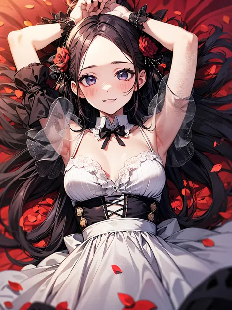 blur the background、armpit、A girl wearing a maid outfit is lying on the bed and smiling cutely at me.、Sparkly air、dancing petals、Hot summer、hair、Mesh Color、Forehead