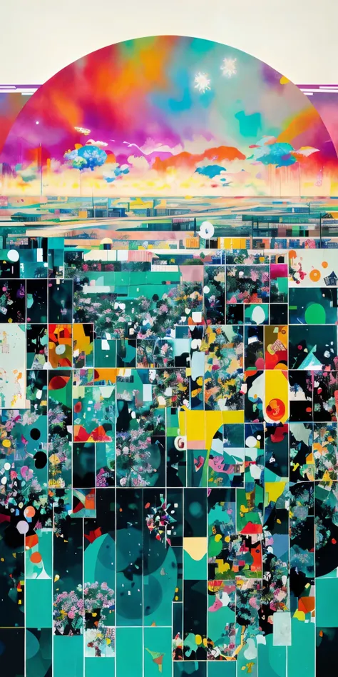 a brightly colored painting of a city with a lot of buildings, colorful generative art, inspired by Tomokazu Matsuyama, daniel merriam :.1, by Tomokazu Matsuyama, abstract art representing data, glitched fantasy painting, 2 0 1 4, 2014, beautiful glitch ar...