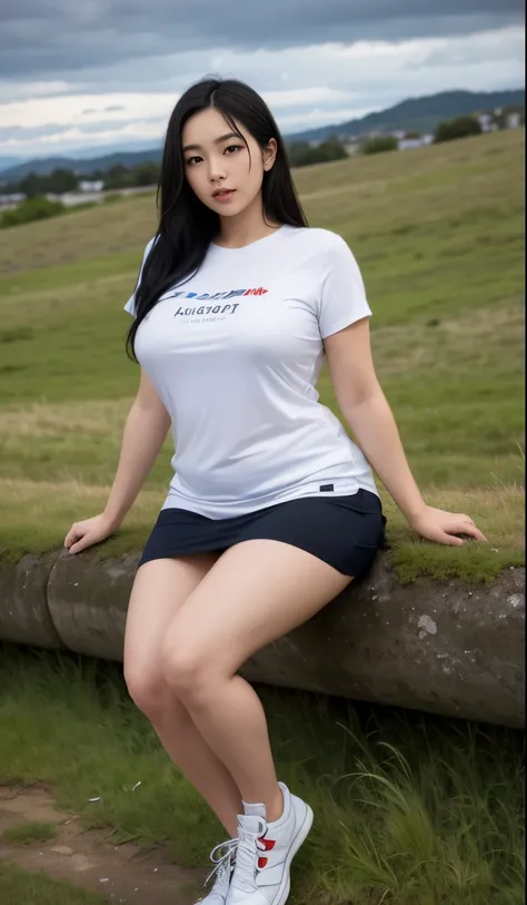 A beautiful beauty, long black hair, big eyes, round face, dress, tight purple skirt, sneakers , slightly fat, plump and sexy, delicate facial features, on the grassy hillside, black grass and words, dark sky and dark clouds, HD, high quality, the best pic...