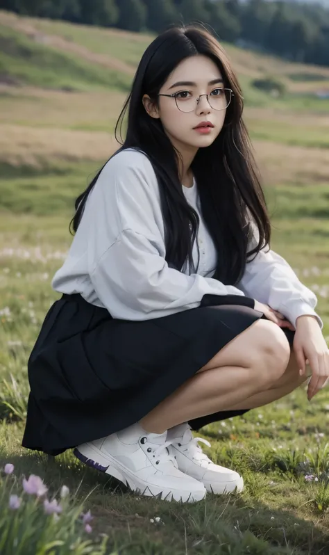 A beautiful beauty, long black hair, big eyes, round face, dress, tight purple skirt, sneakers , slightly fat, plump and sexy, delicate facial features, on the grassy hillside, black grass and words, dark sky and dark clouds, HD, high quality, the best pic...