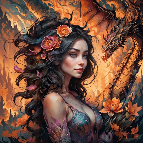 a woman standing on a cliff looking at a dragon with a long tail, dragon queen with beautiful high detail face, high details eyes lips mouth, fantasy art style, official art, unity 8k wallpaper, ultra detailed, beautiful and aesthetic, beautiful, masterpie...